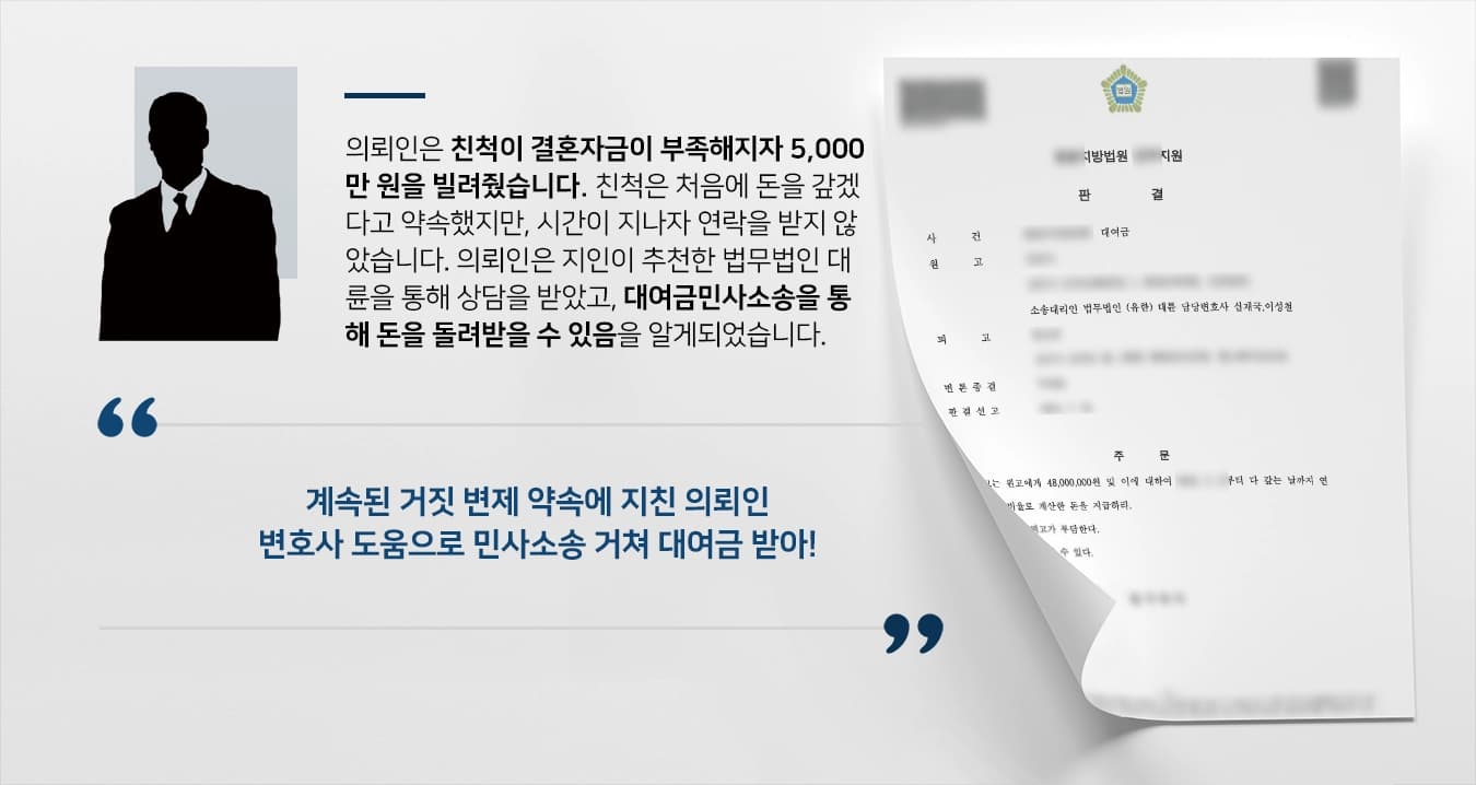 [대여금민사소송 결과] 친척에 빌려준 결혼자금, 민사전문변호사 조력에 반환 성공