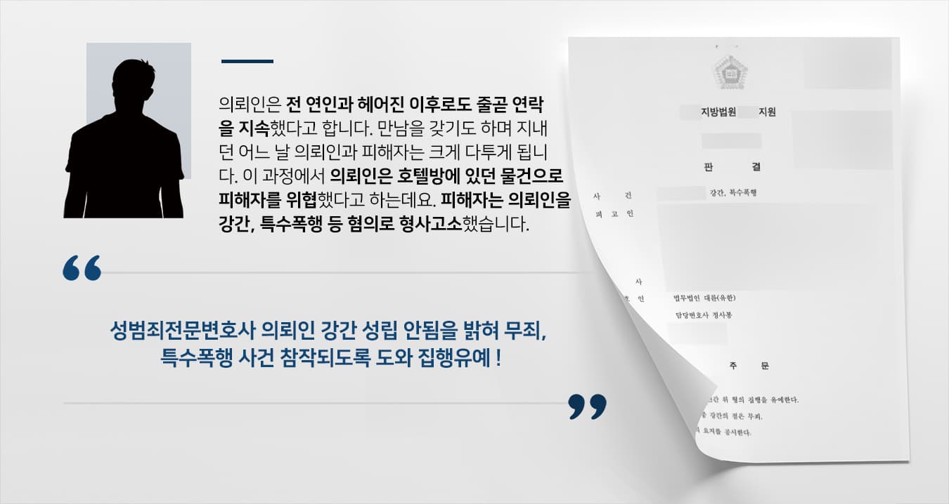 [형사고소 당한 피고인] 성범죄전문변호사, 헤어진 연인에 대한 강간·특수폭행 혐의 각 무죄, 집행유예 받아