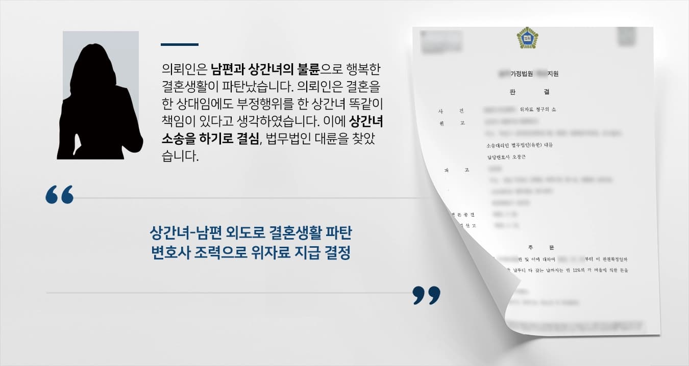 [상간녀소송 승소] 상간녀소송변호사 결혼 파탄 책임 물어 수천만 원 위자료 받아냄