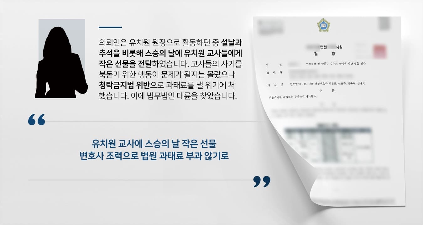 [청탁금지법처벌 과태료] 유치원 교사에 명절 선물…자문변호사 조력으로 법원 과태료 부과 없애
