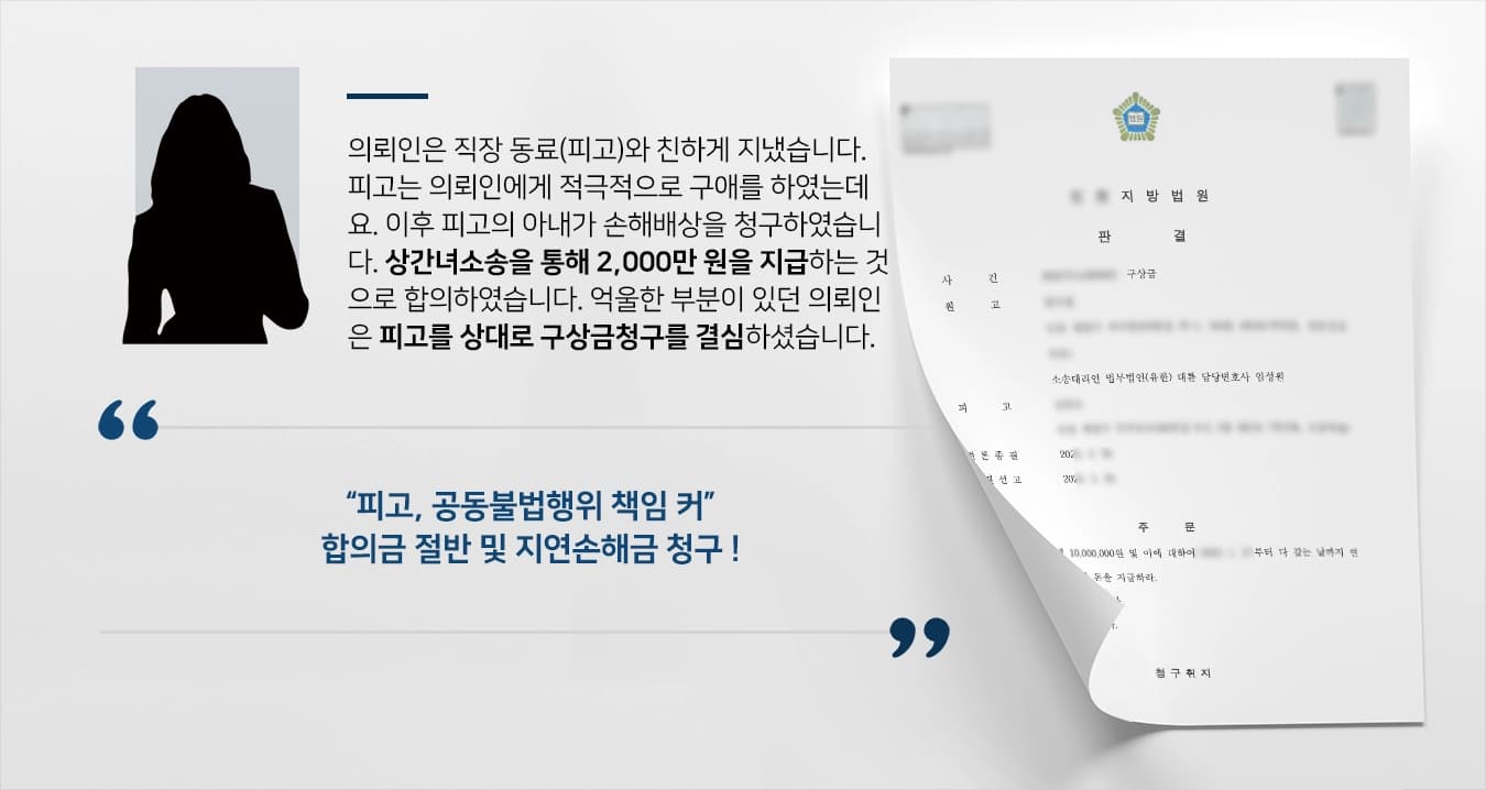 [상간녀소송 변제금 절반 구상금청구] 공동불법행위 책임 크다고 주장해 피고에게 1,000만 원 받음
