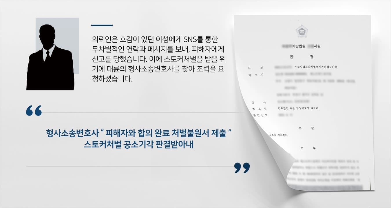 [스토커처벌 방어사례] 형사소송변호사, 수십 차례 메시지·전화 스토킹 공소기각 받아내 ! 