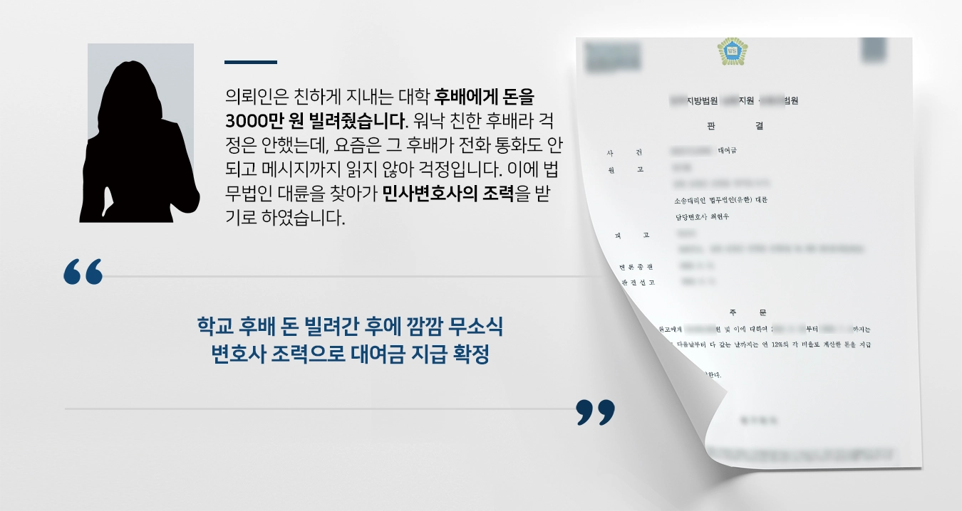[대여금민사소송 승소] 민사변호사 활약으로 법원 대여금 지급-재판비용 부담 결론